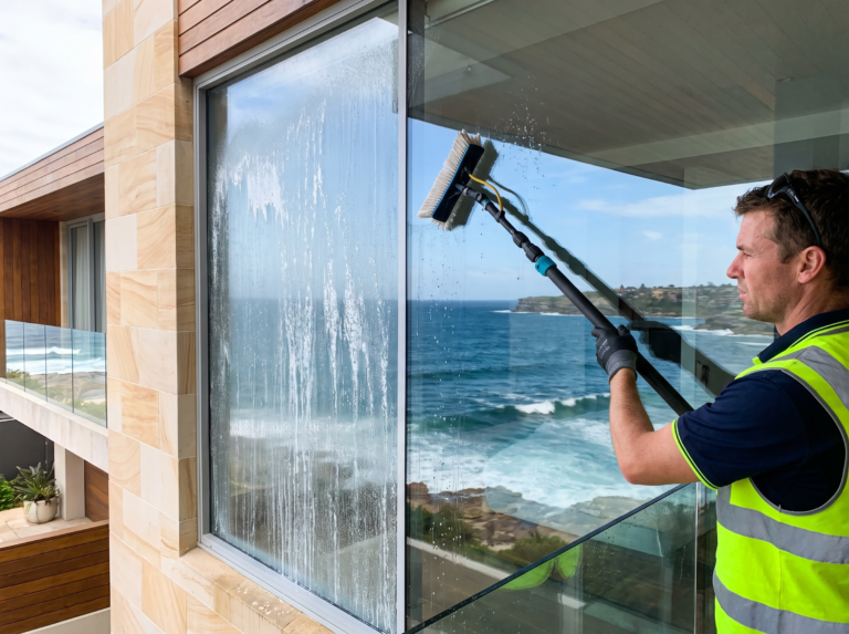 Window cleaner using a pure water fed pole on ocean-facing coastal glass