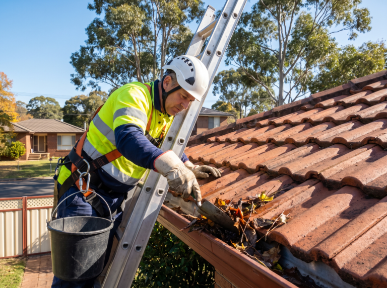 Professional clearing leaves from a gutter on a secured ladder against a terracotta roof