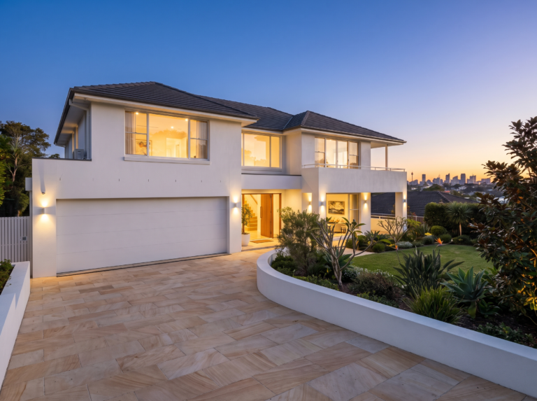 Twilight photo of a prestige Eastern Suburbs home with freshly cleaned facade and driveway