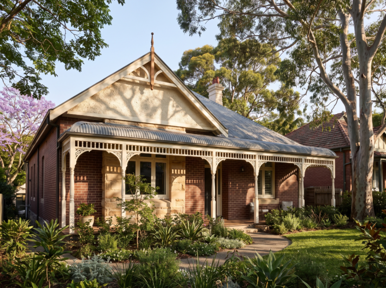 Federation home in Mosman with roughcast render gable, tuck-pointed brick and timber fretwork
