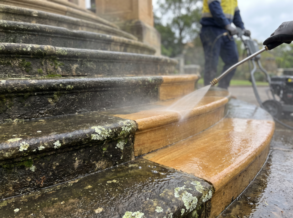 Golden sandstone steps half blackened with growth and half cleaned to warm golden colour