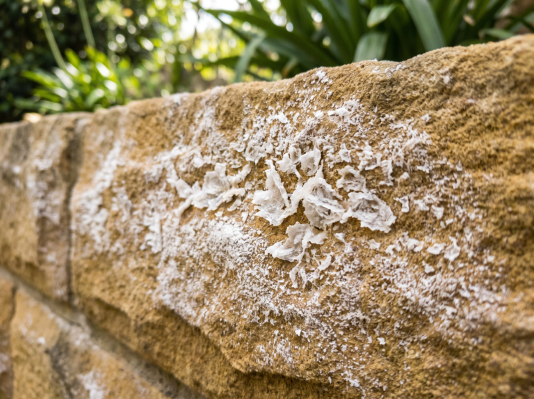 White powdery efflorescence salt bloom on a golden sandstone garden wall