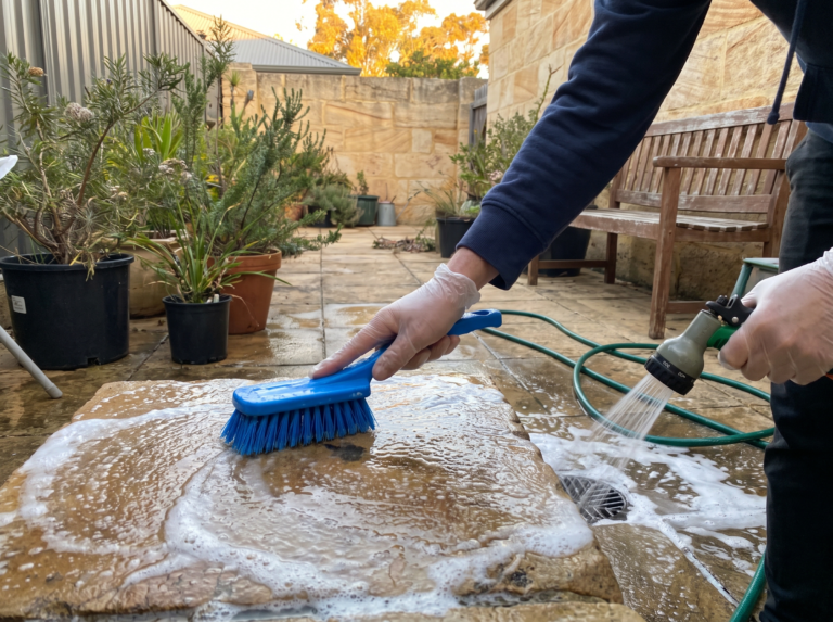 Sandstone pavers being scrubbed with a plastic brush and gentle cleaner in a Sydney courtyard
