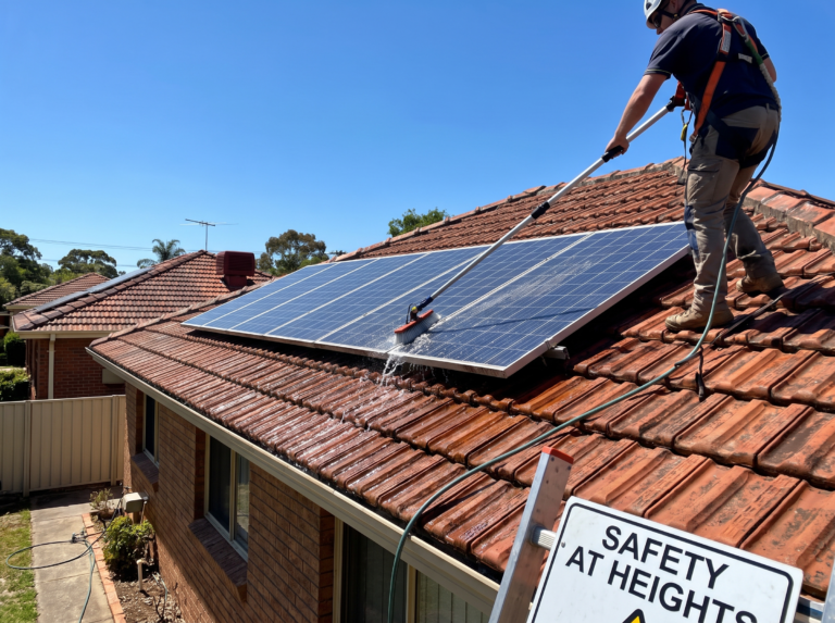 Solar panels on a terracotta roof being cleaned with a soft brush on an extension pole