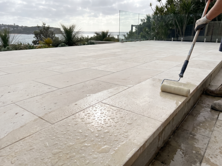 Water beading on freshly sealed cream limestone paving on a coastal terrace