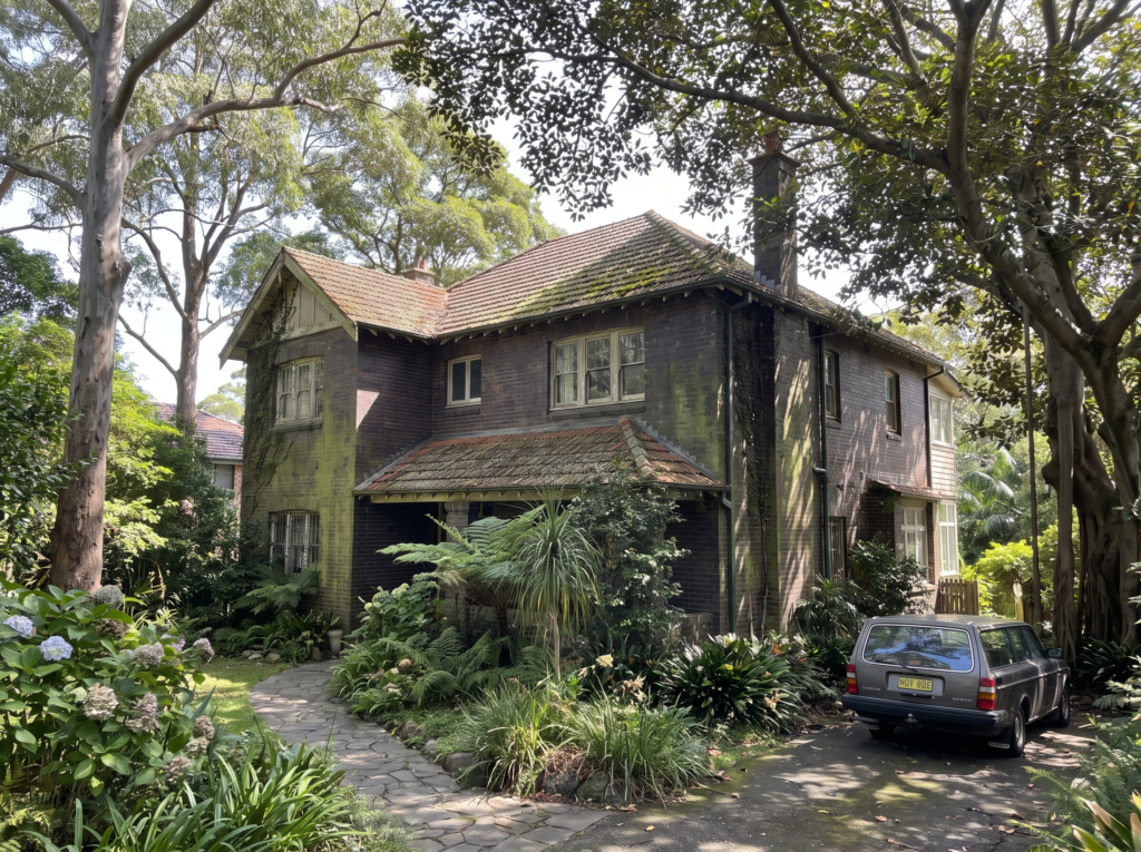 North Shore brick home under dense tree canopy with green algae on the shaded wall and mossy roof