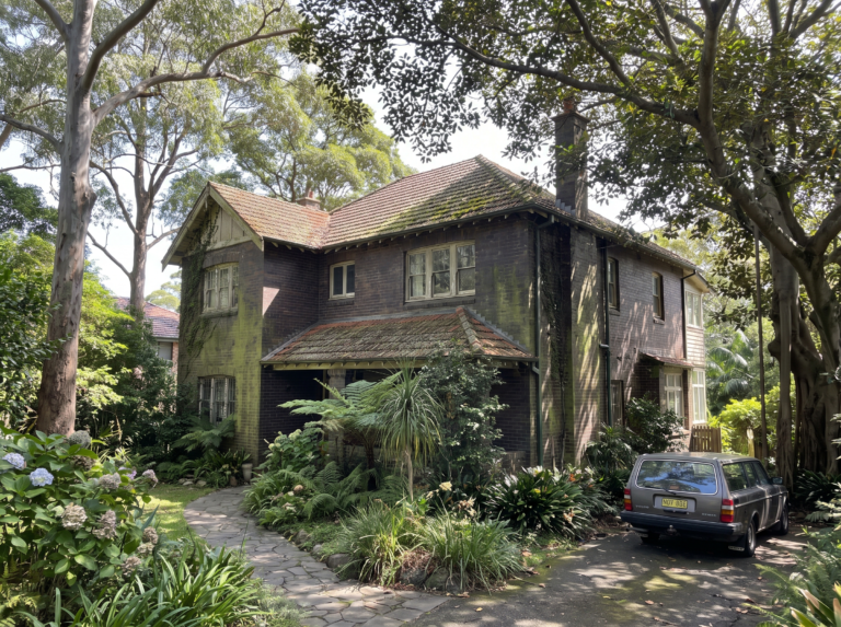 North Shore brick home under dense tree canopy with green algae on the shaded wall and mossy roof