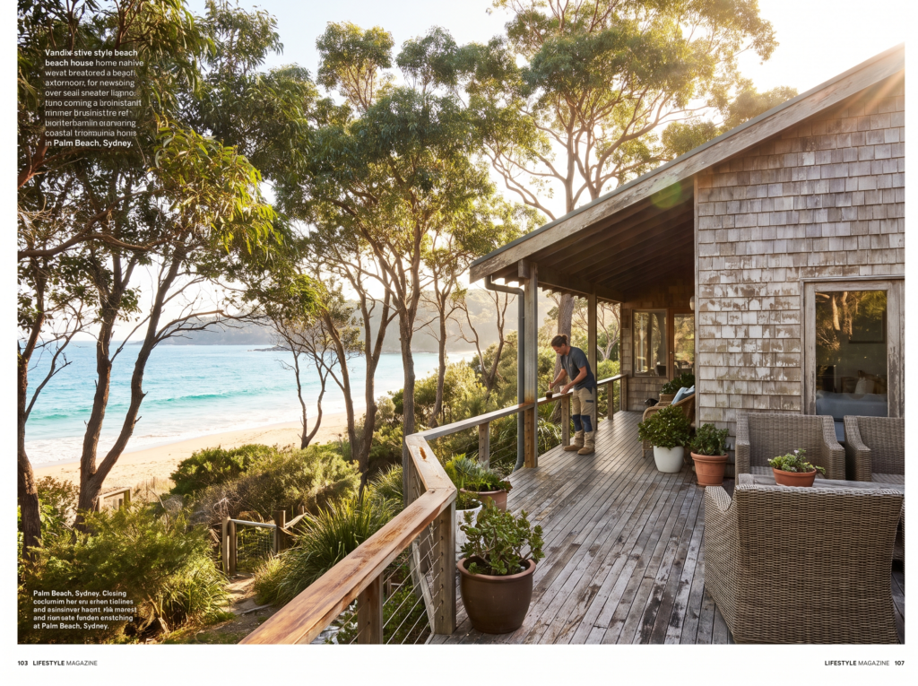 Coastal holiday home at Palm Beach with timber deck, ocean view and eucalyptus trees
