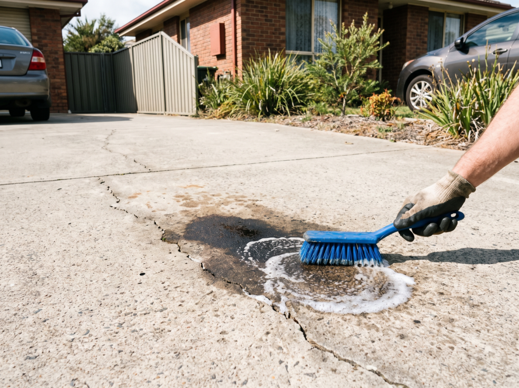 Oil stain on a concrete driveway being scrubbed with degreaser and a nylon brush