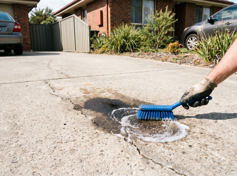 Oil stain on a concrete driveway being scrubbed with degreaser and a nylon brush