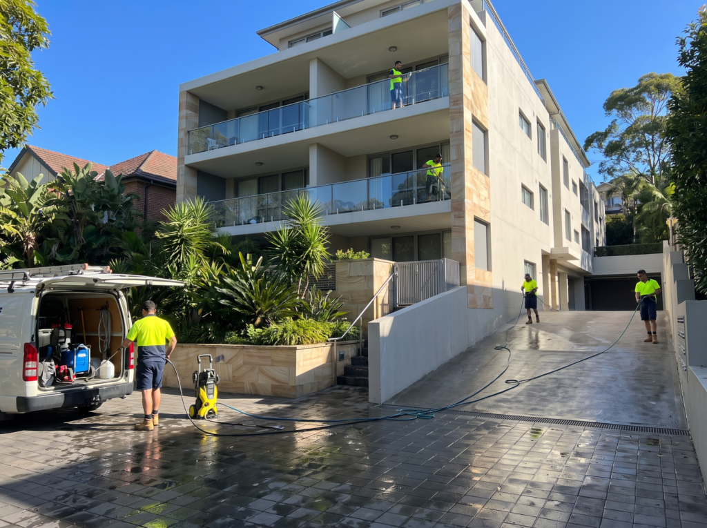 Rendered apartment building entry and forecourt being professionally cleaned