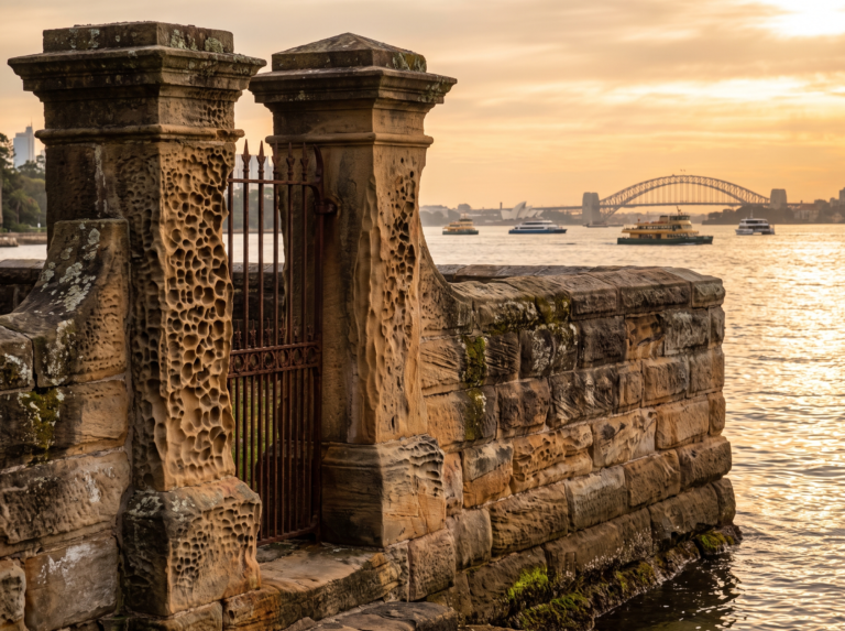 Heritage sandstone retaining wall and gate posts at Vaucluse with salt attack pitting, harbour behind