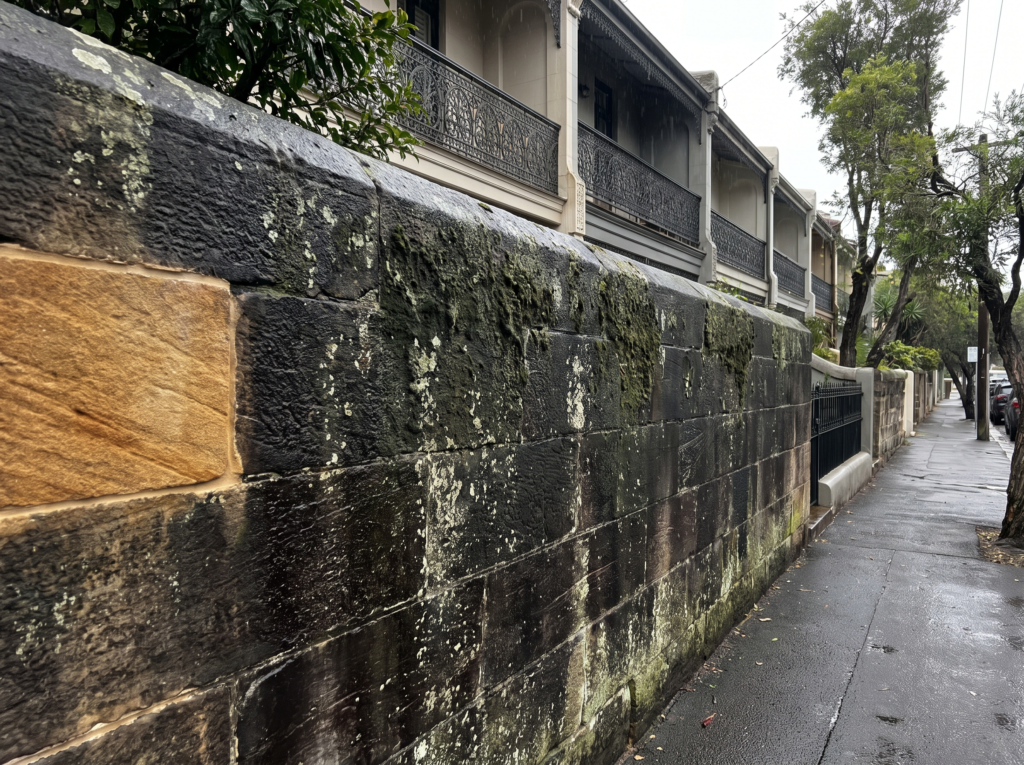 Heritage sandstone wall blackened by algae and lichen beside clean golden stone