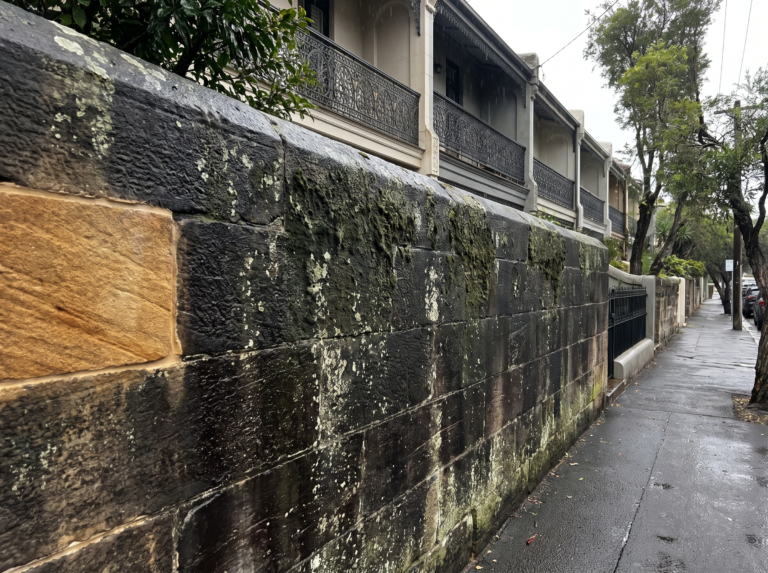 Heritage sandstone wall blackened by algae and lichen beside clean golden stone