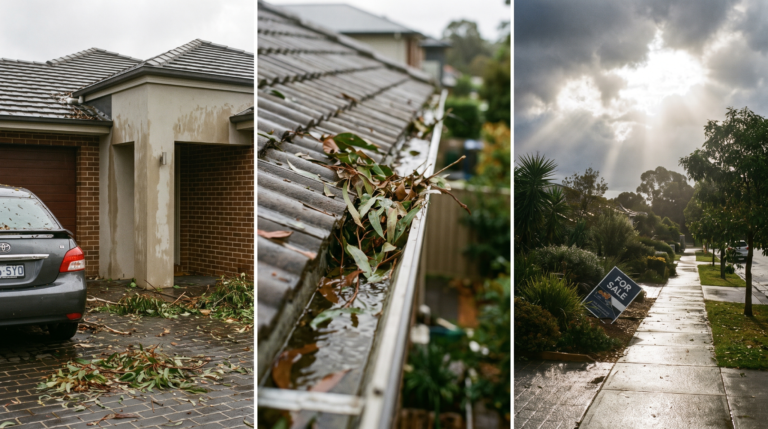 Sydney house exterior after a storm with gum leaves on the driveway, water-stained render and an overflowing gutter