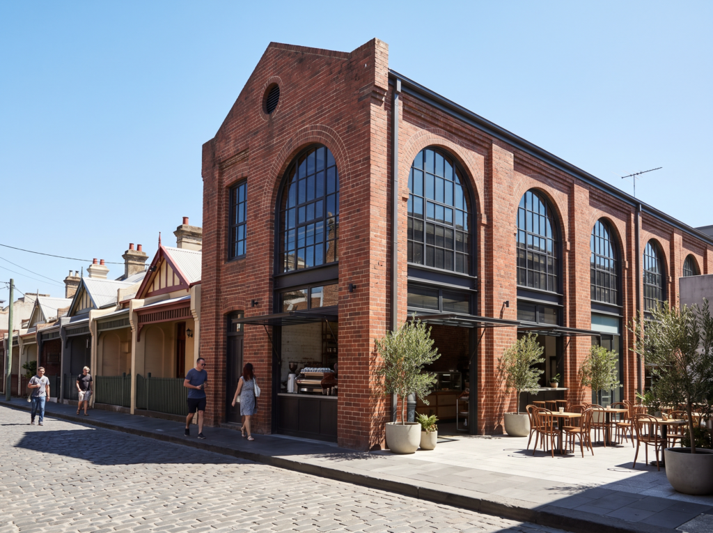Converted brick warehouse and workers cottages in Alexandria with clean facades and a cafe corner