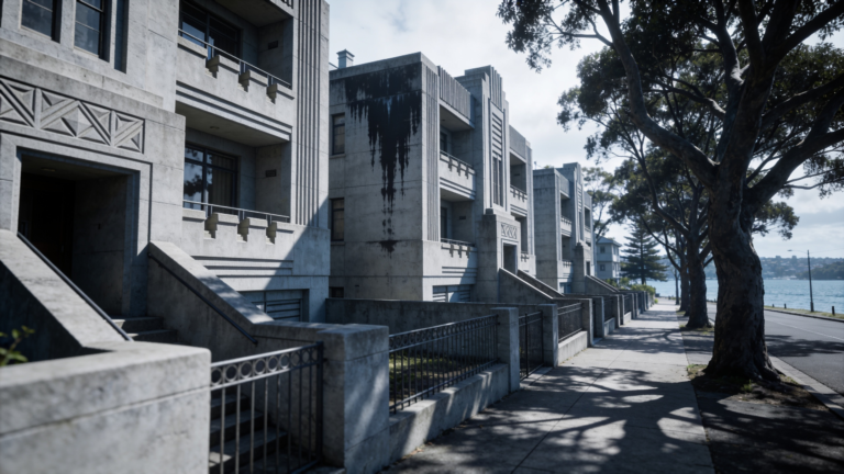 Interwar art deco apartment blocks with rendered facades showing dark staining on the shaded side