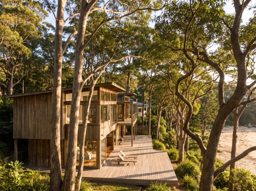 Timber and glass beach house under angophora canopy in Avalon Beach