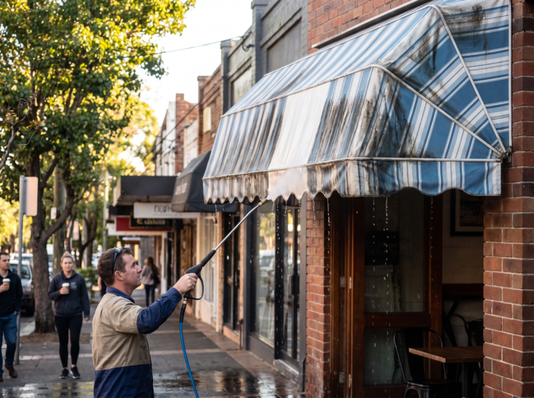 Striped canvas cafe awning being soft washed with mould streaks rinsing away