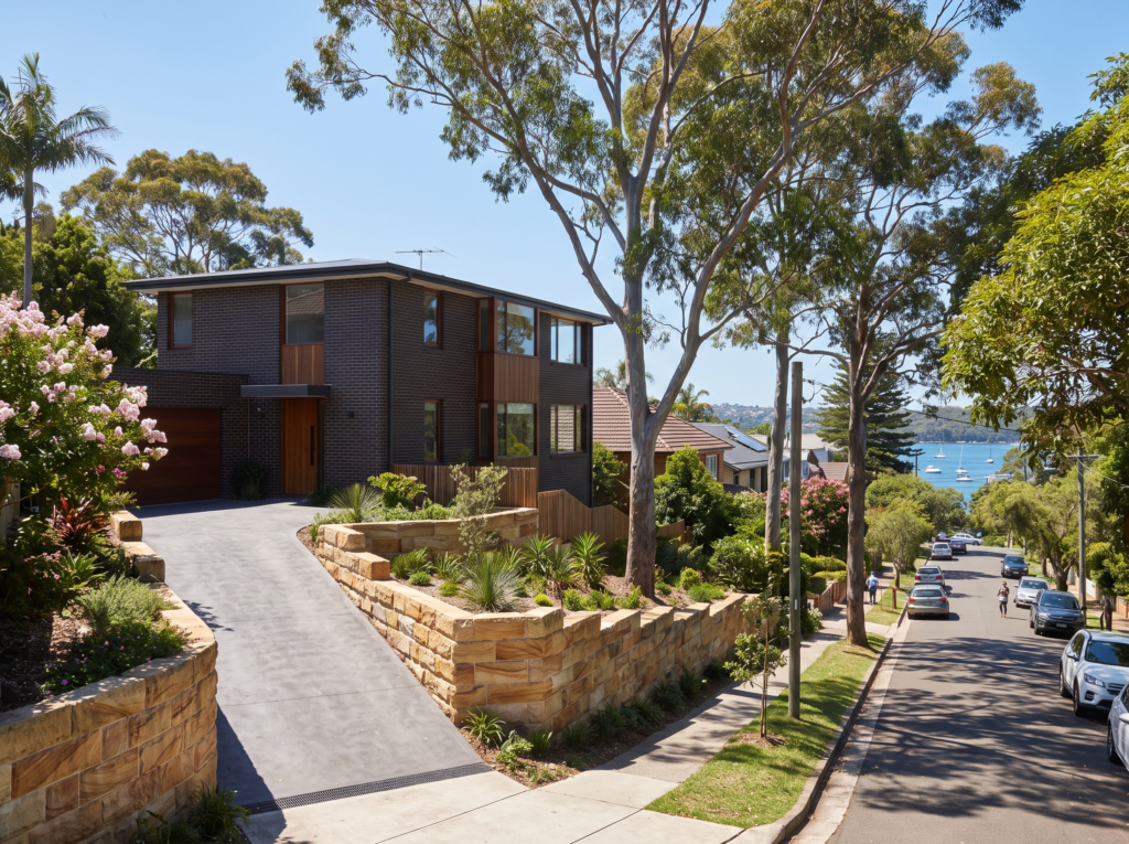 Renovated brick family home with sandstone retaining wall on a sloped Balgowlah street