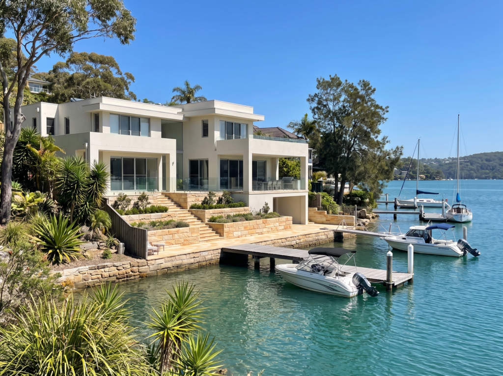 Pittwater waterfront home with jetty and sandstone terracing at Bayview, boats moored