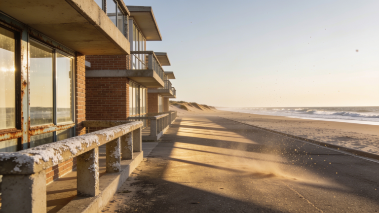 Mid-century beach apartments facing an open surf beach with salt-stained balustrades and window frames