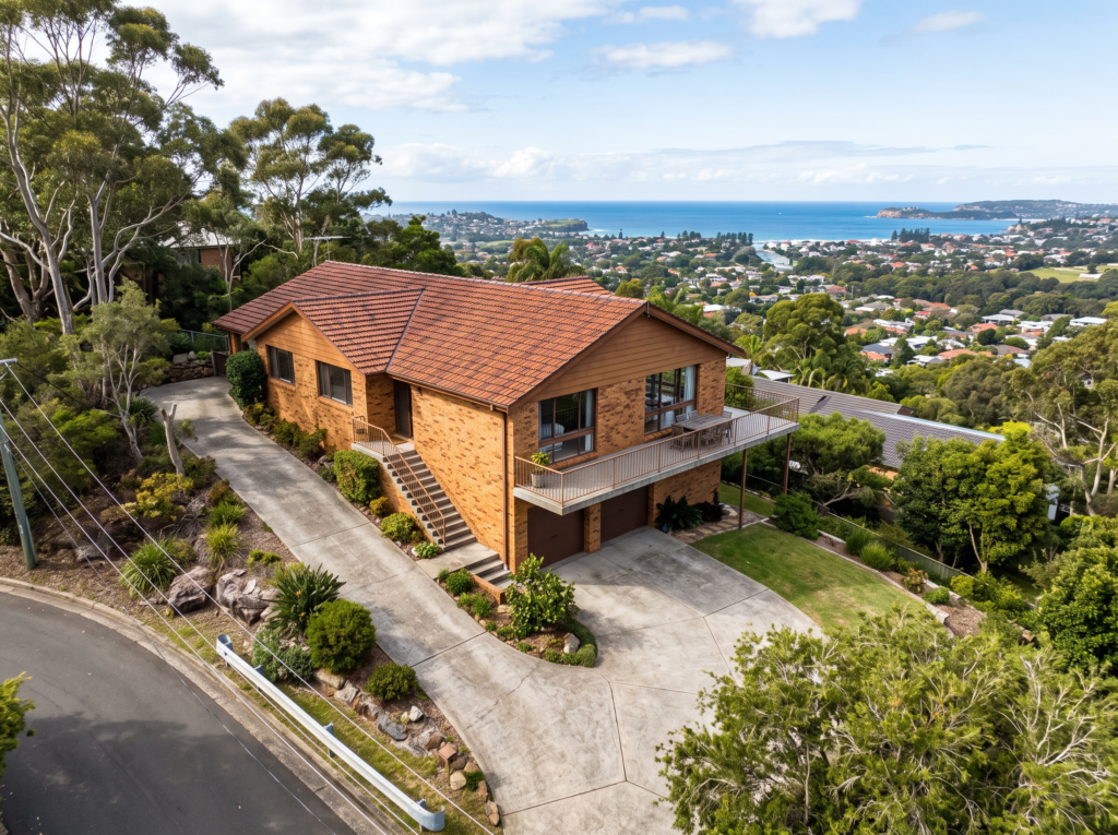 Elevated 1970s brick family home on a Beacon Hill ridge with clean tiled roof and ocean view
