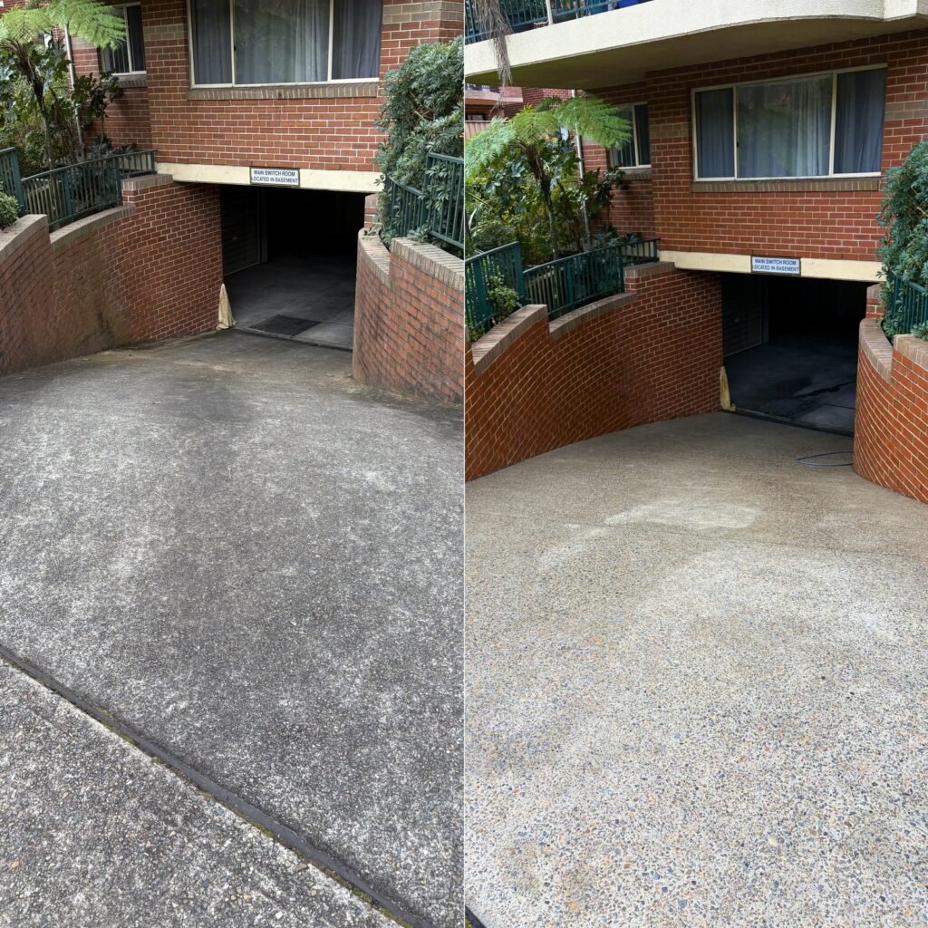 Before and after pressure washing a concrete driveway
