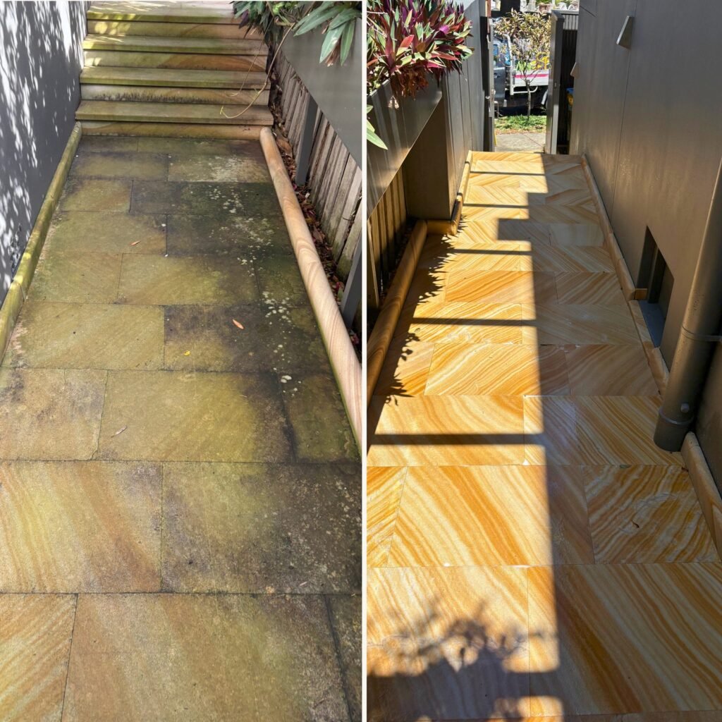 Before and after cleaning and sealing sandstone paving path