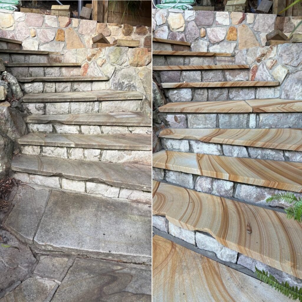 Before and after cleaning and sealing sandstone garden steps