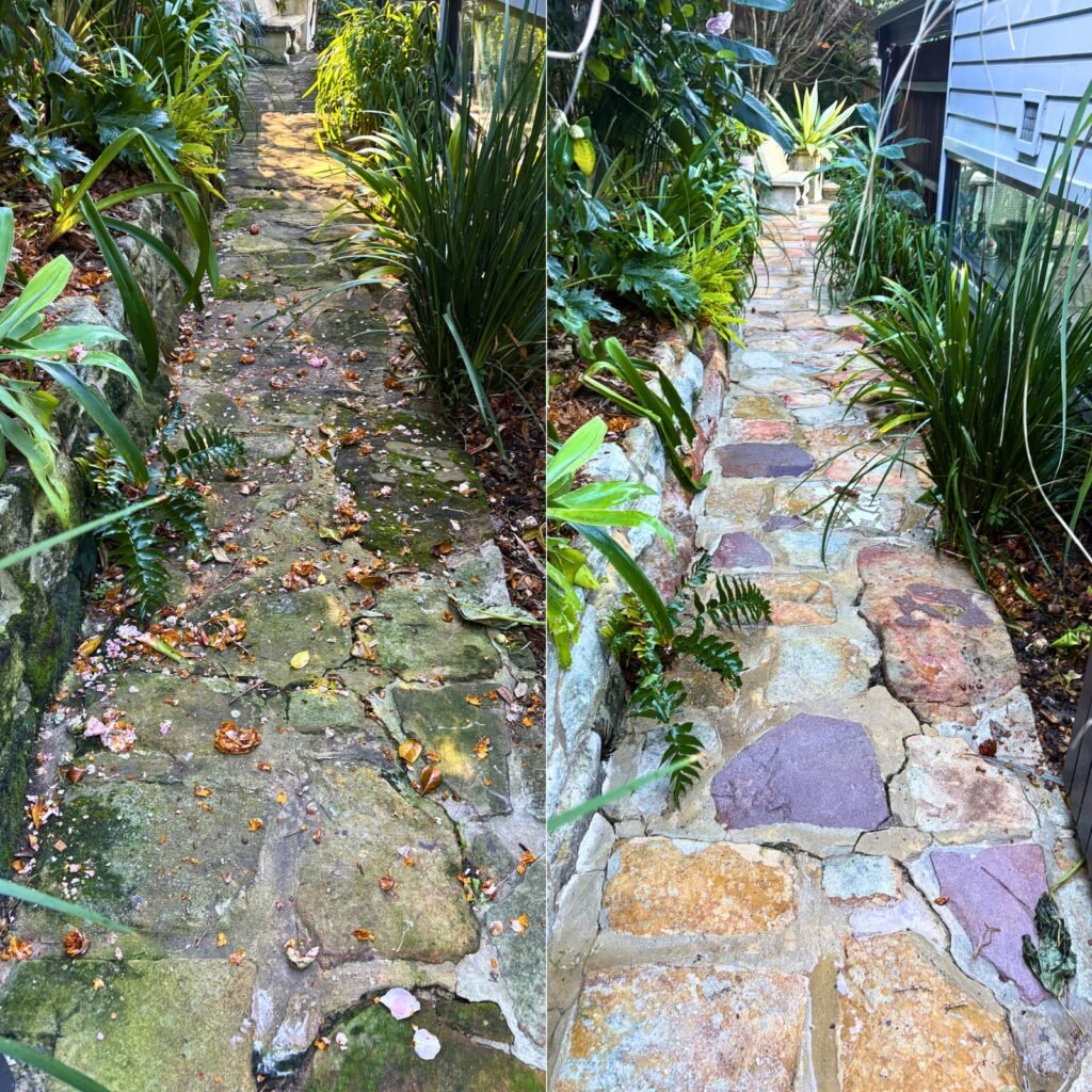 Before and after removing moss and leaves from a stone garden path