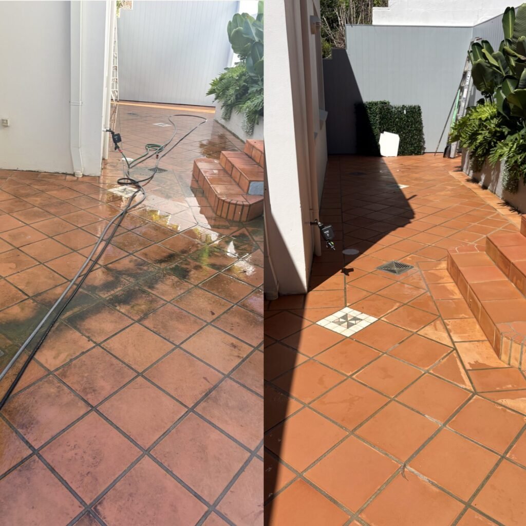 Before and after cleaning and sealing terracotta courtyard tiles