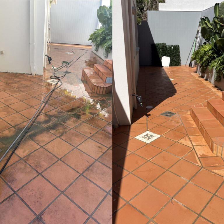 Before and after cleaning and sealing terracotta courtyard tiles