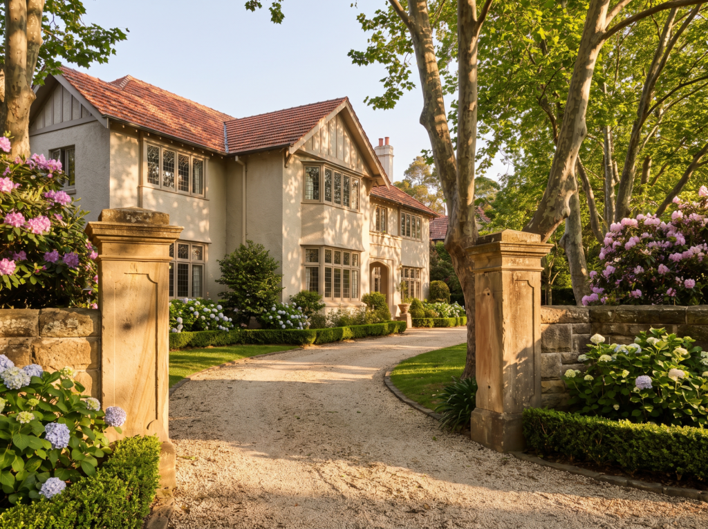 Substantial 1930s Bellevue Hill home with sandstone gateposts and tree-lined driveway