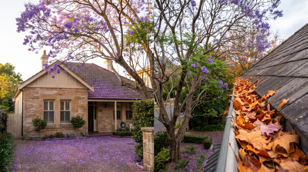 Rendered Sydney house with jacaranda blossoms falling onto the driveway and roof, autumn leaves along the gutter line