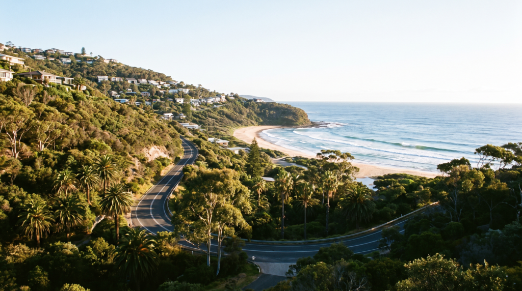 Bilgola Beach valley with homes set among dense coastal bushland