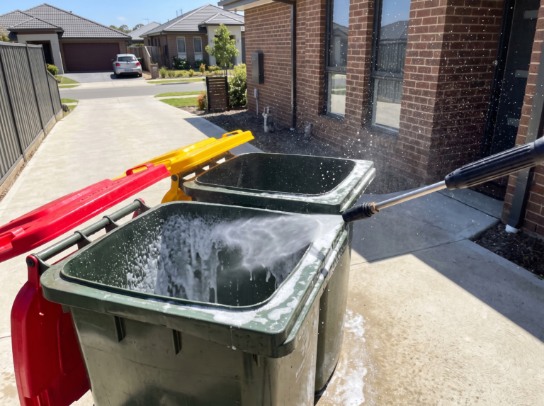 Red and yellow wheelie bins being high-pressure cleaned on a suburban side path