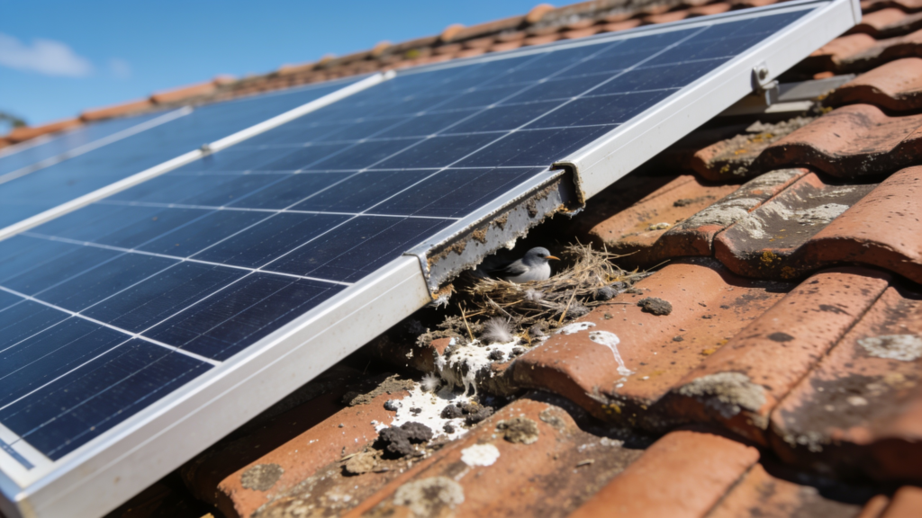 Rooftop solar panels with bird droppings and nesting debris beneath the panel edges
