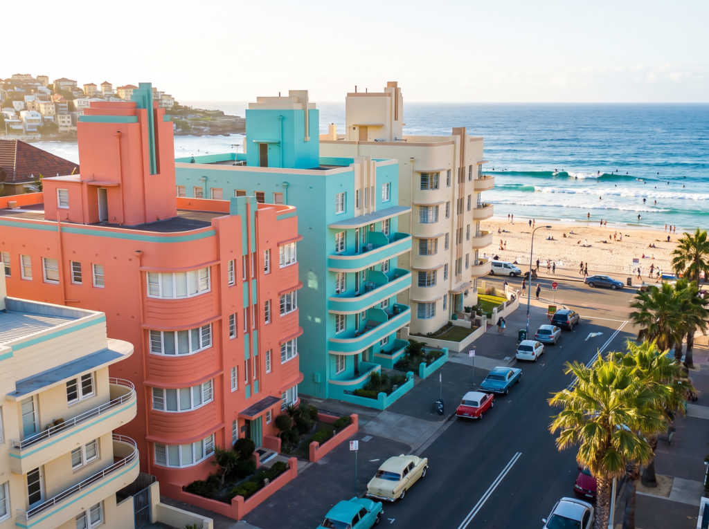 Art deco apartment blocks along Campbell Parade Bondi Beach with freshly washed pastel render