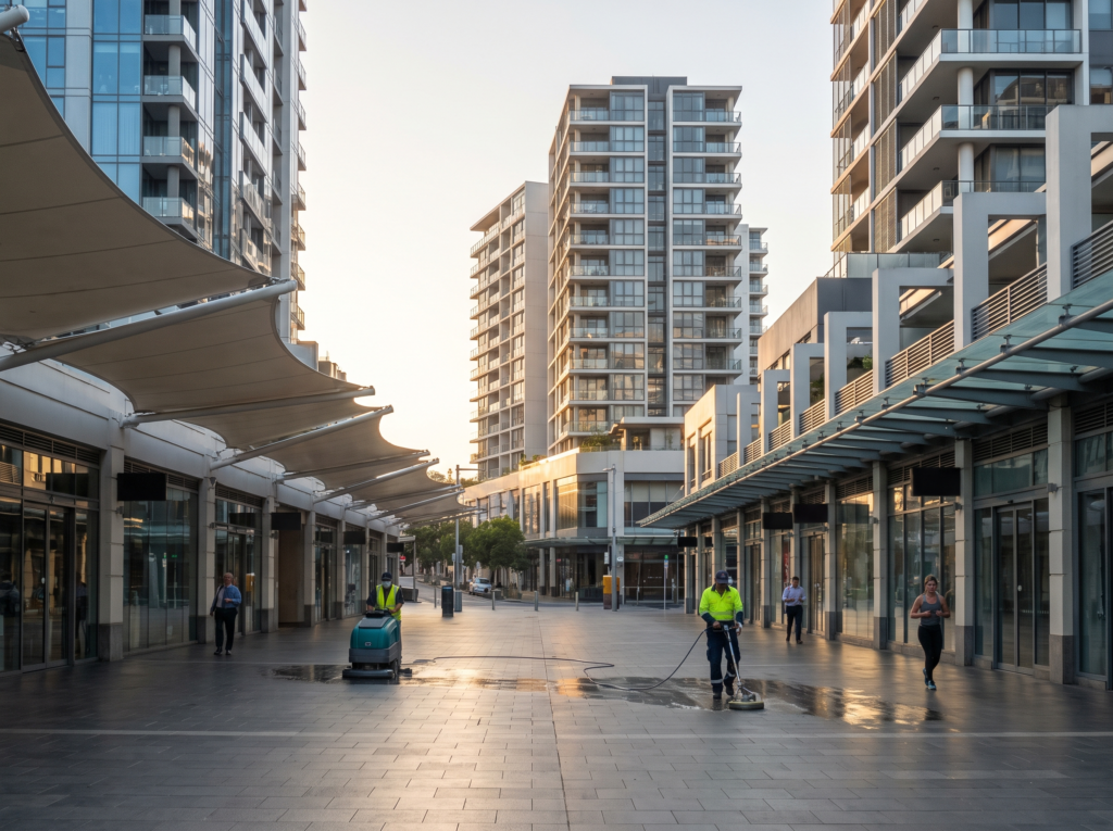 Bondi Junction apartment towers and clean retail forecourts in early morning light