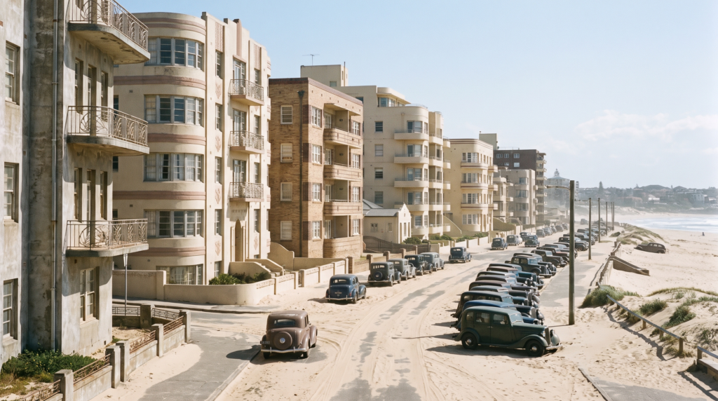 Art deco apartment blocks facing the surf beach at Bondi, with wind-blown sand across the road and a congested parked street
