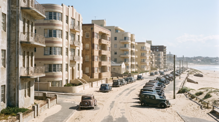 Art deco apartment blocks facing the surf beach at Bondi, with wind-blown sand across the road and a congested parked street