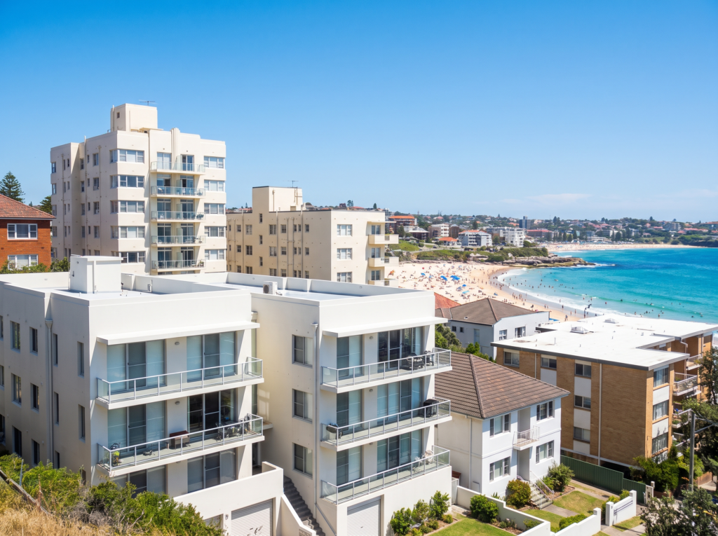 Bondi apartment buildings and semis with clean white rendered facades near the beach