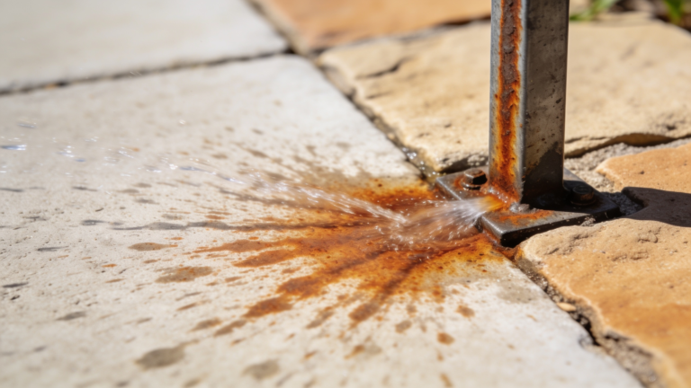 Orange rust staining fanned across pale concrete and sandstone paving from bore water irrigation
