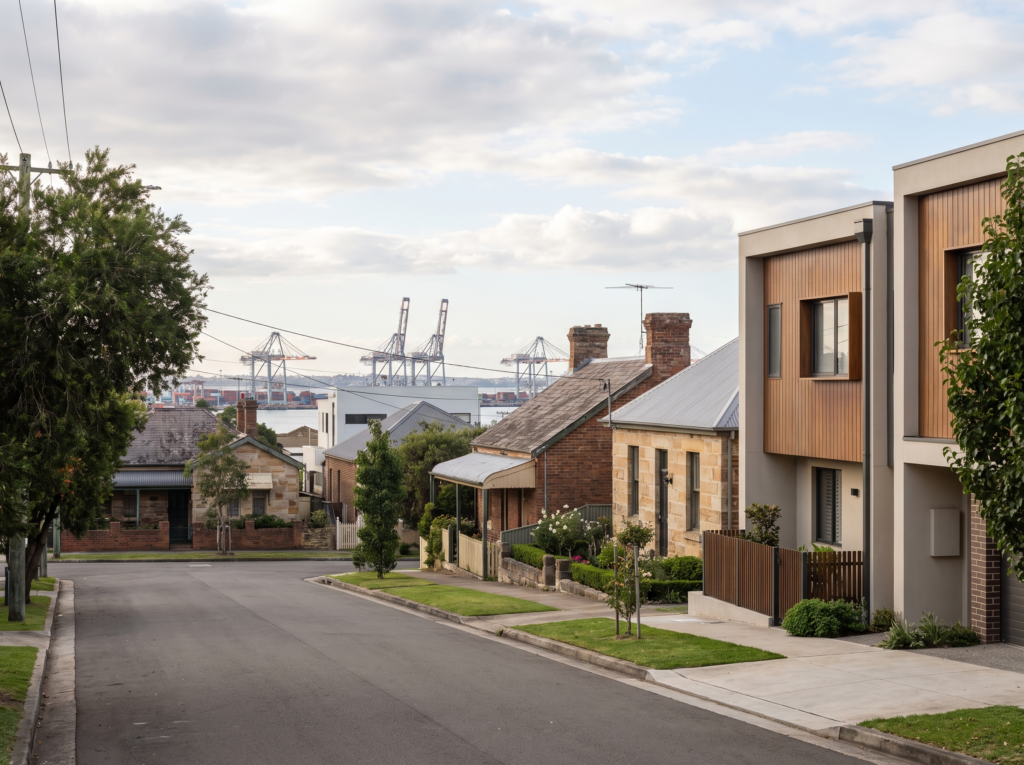 Older cottages and new townhouses along Botany village street with clean facades