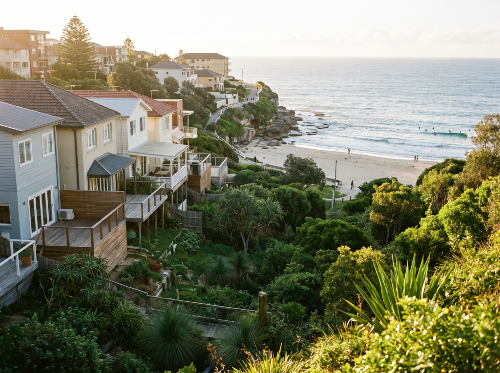 Bronte valley homes stepping down to the beach with clean decks and painted facades
