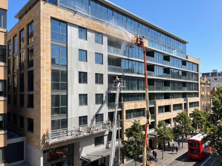 Mid-rise commercial building facade being washed with elevated access equipment
