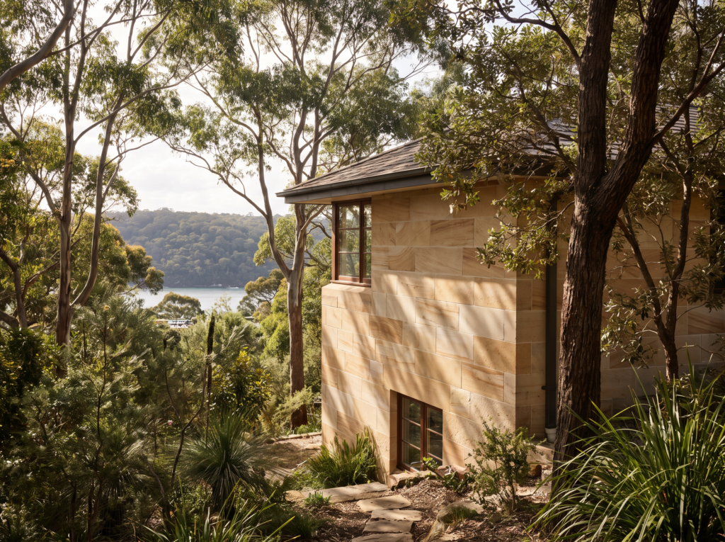 Walter Burley Griffin heritage stone house set into bushland in Castlecrag with clean stone walls