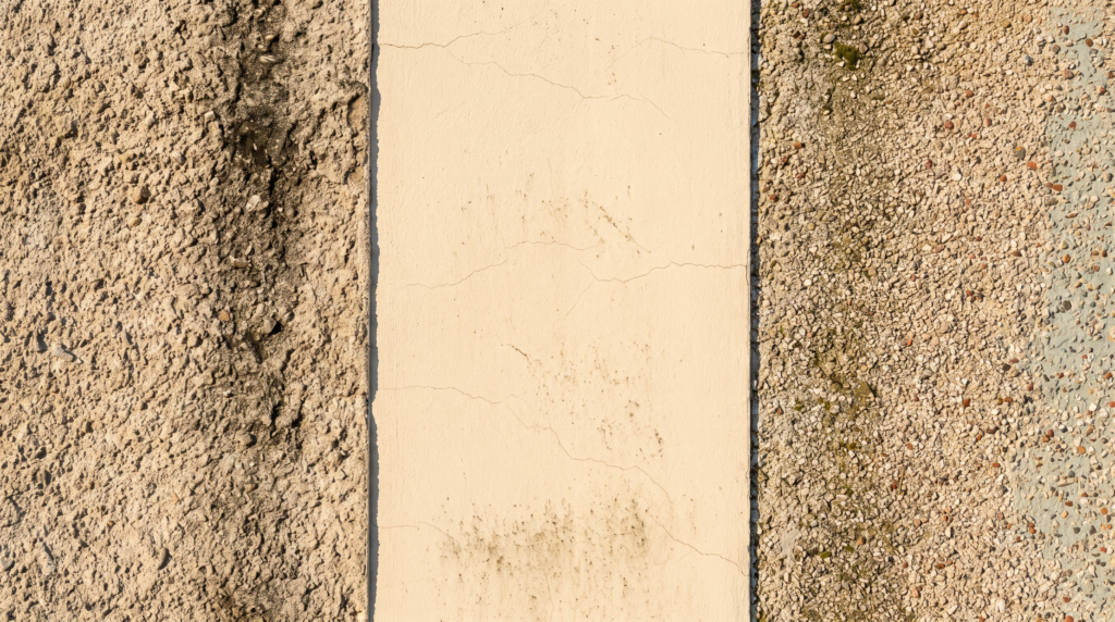 Close-up comparison of cement render, acrylic render and texture coat wall finishes in raking sunlight