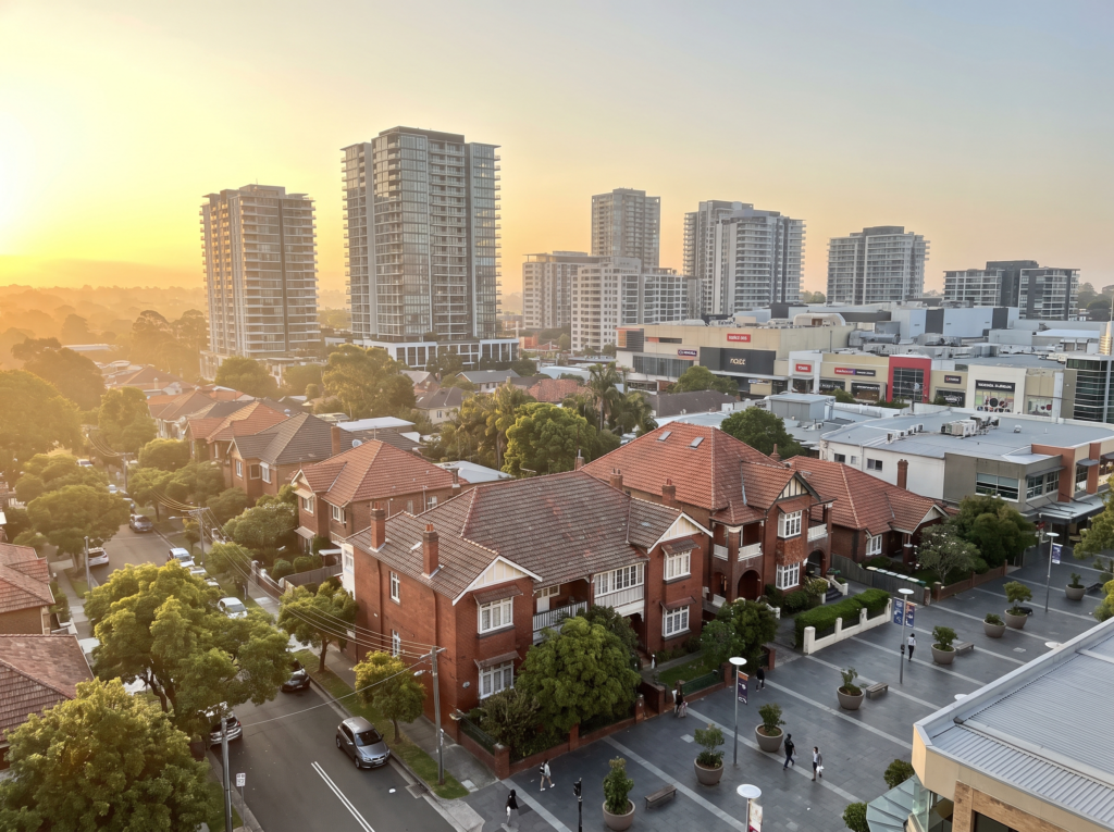 Chatswood skyline with residential towers behind leafy Federation home streets